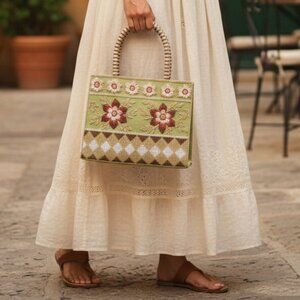 VINTAGE Seed Bead Floral Silk Purse Mini Shopper Beaded Top Handle Bag